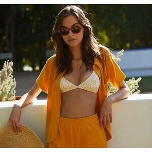 Free People Beach L Fresno Terry Buttoned Golden Pollen Yellow TOP Summer Resort